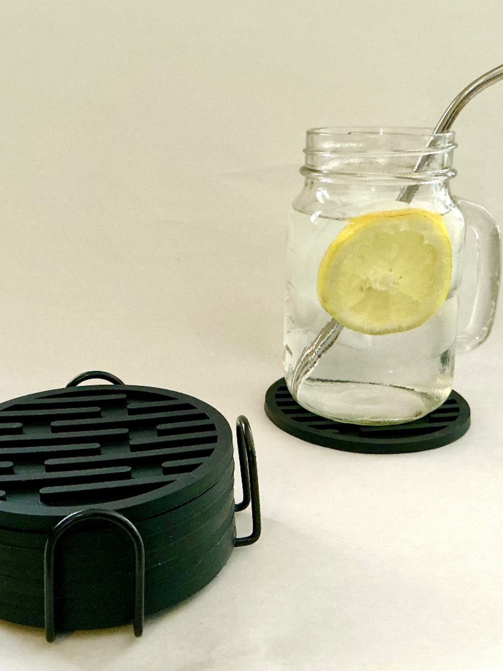Premium 8 piece Black Silicone Coaster Set,Includes Black Metal Coaster Holder